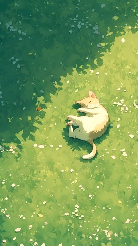 草地午睡小猫阳光斑驳动漫手机壁纸