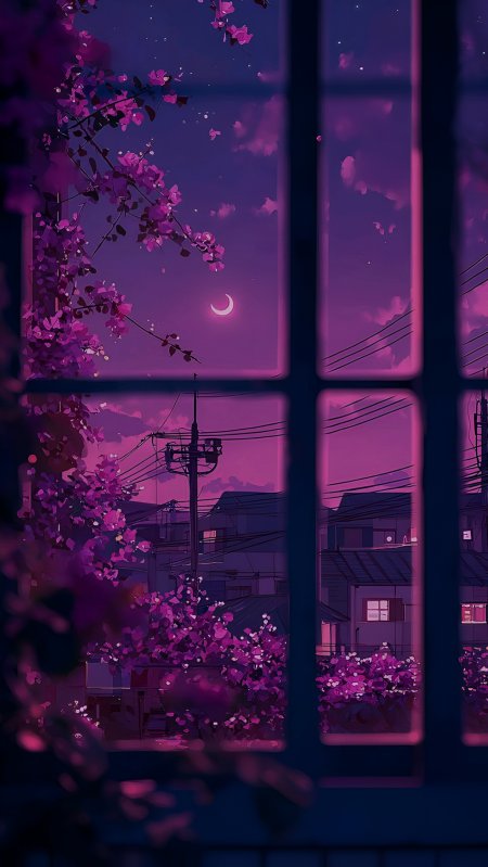 窗边紫樱新月夜景动漫风景手机壁纸