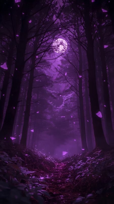 紫色月光森林神秘夜景风景手机壁纸