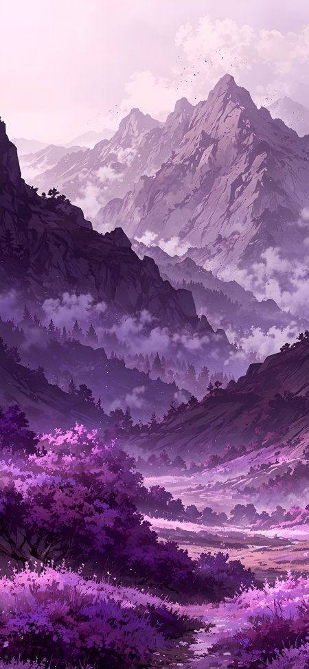 紫色山脉云雾森林奇幻风景动漫手机壁纸