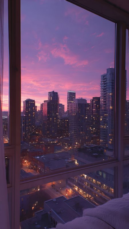 城市高楼紫粉晚霞夜景摄影手机壁纸