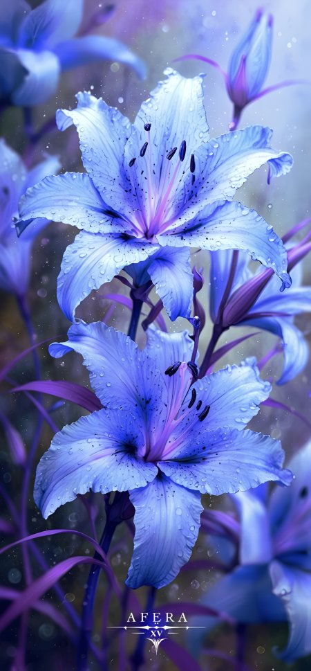 蓝色百合花雨滴梦幻花卉动漫手机壁纸