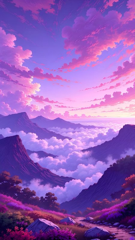 紫色云海山脉日落梦幻风景手机壁纸
