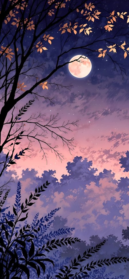粉月夜空秋叶枝头浪漫夜景风景手机壁纸