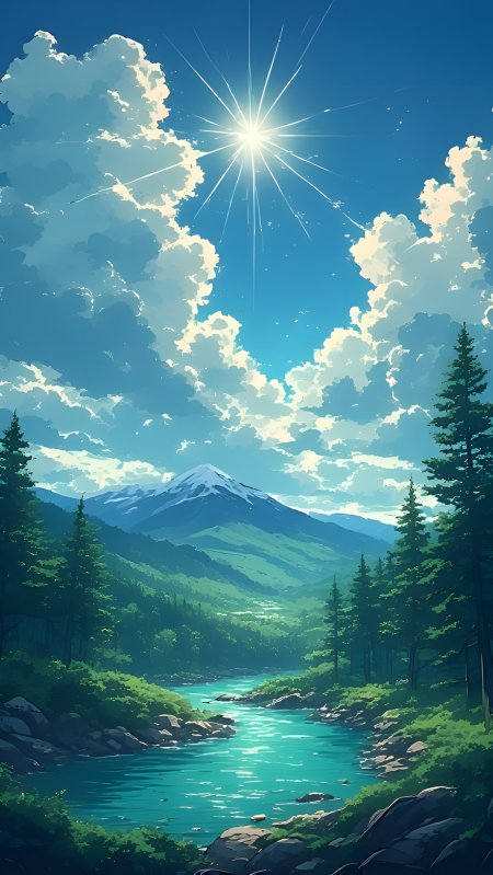 雪山森林河流晴空阳光风景动漫插画手机壁纸