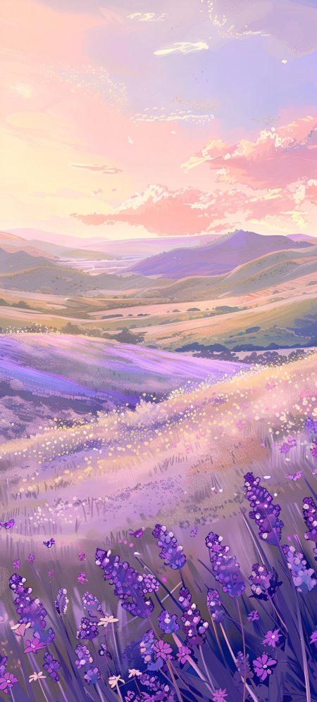 紫色薰衣草花海日落山峦治愈插画动漫手机壁纸