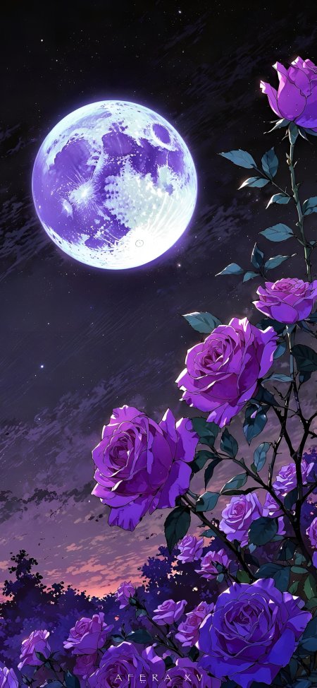 紫色玫瑰花丛满月星空浪漫花卉动漫手机壁纸