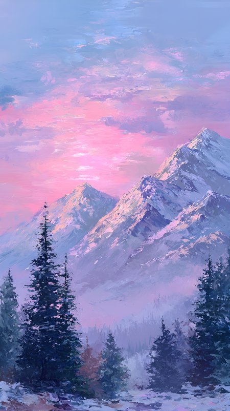 粉色雪山森林日落唯美插画壁纸