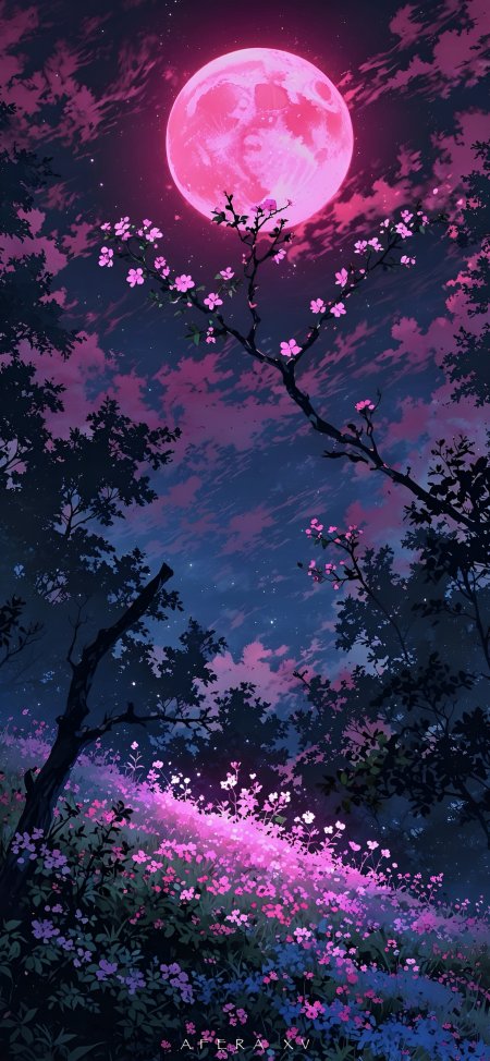 粉色满月樱花森林夜景梦幻风景动漫手机壁纸