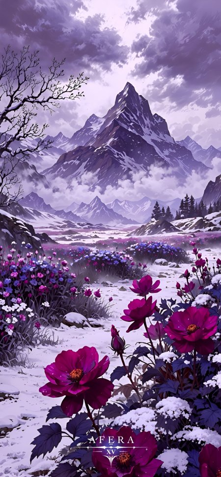 紫色牡丹花海雪山奇幻风景动漫手机壁纸