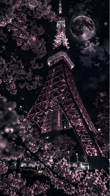 东京塔夜樱满月浪漫城市风景手机壁纸