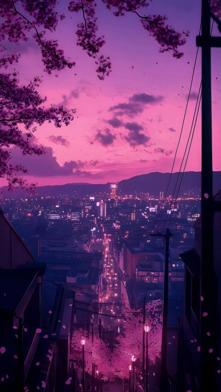 紫樱城市夜景远山灯光风景手机壁纸