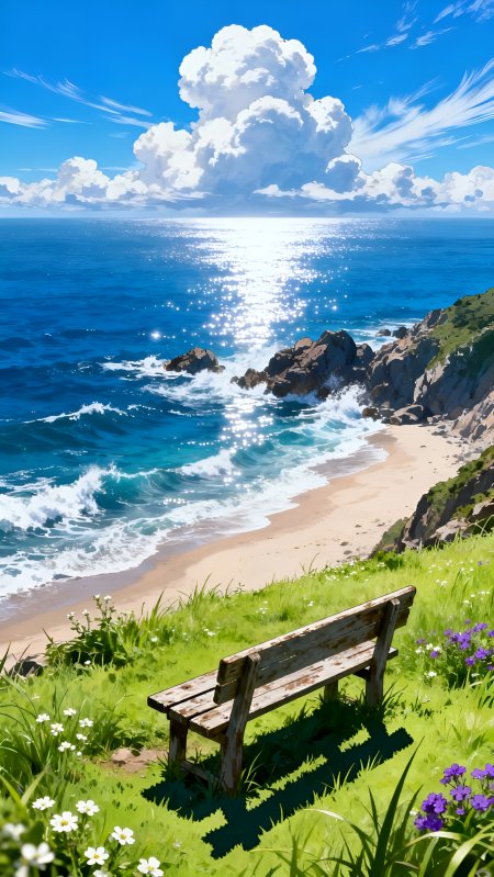 海边草地长椅碧海蓝天治愈风景手机壁纸