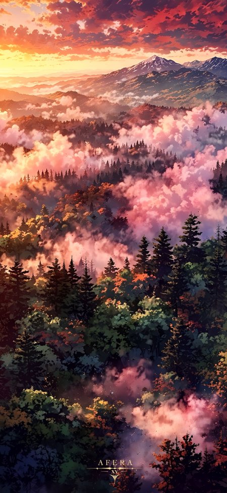 秋日山林云海日出霞光治愈风景动漫手机壁纸