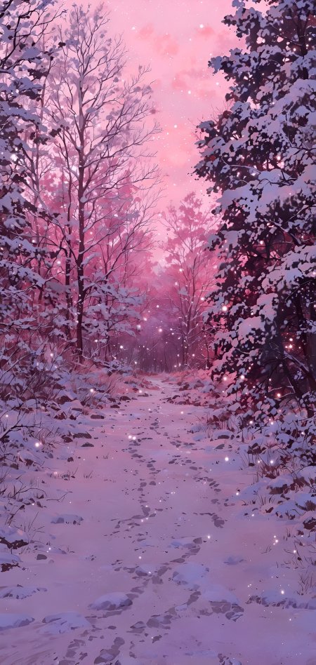 粉色雪林星光点缀梦幻冬日动漫手机壁纸