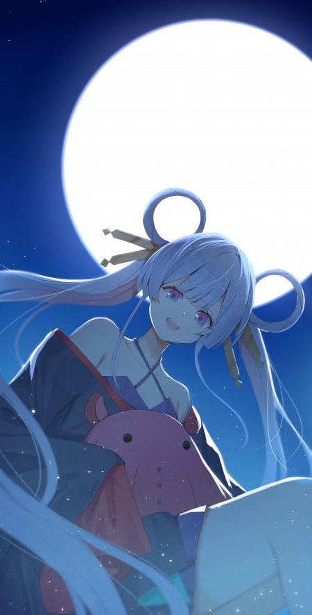 蓝发双马尾少女怀抱玩偶月夜背景动漫手机壁纸