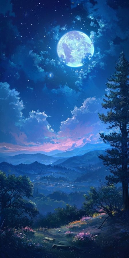 巨月当空层峦叠嶂山谷夜景唯美动漫风景手机壁纸