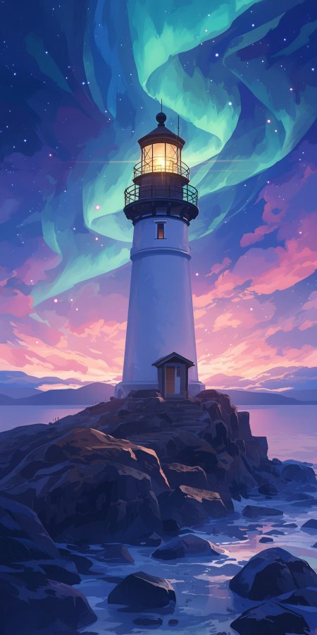 极光下海边灯塔唯美夜景风景手机壁纸