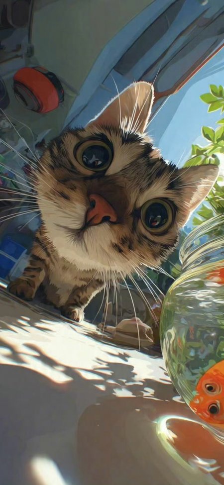 猫咪看金鱼呆萌可爱治愈系动物手机壁纸