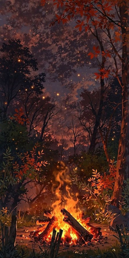 森林篝火落叶星空秋夜温暖风景手机壁纸