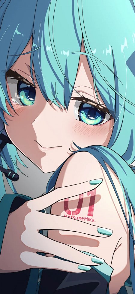 初音未来蓝发绿瞳抱膝特写动漫手机壁纸