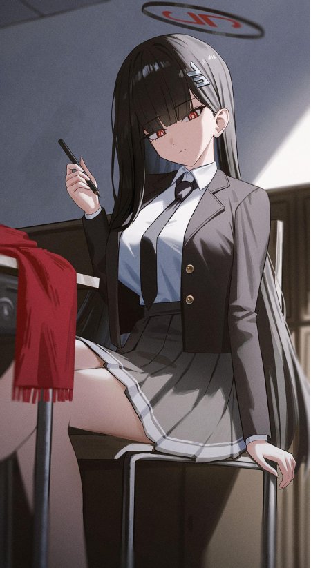 蔚蓝档案调月莉音黑长直校服坐姿动漫手机壁纸