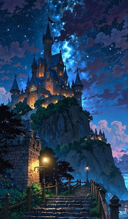 悬崖之上星光璀璨童话城堡夜景动漫风景手机壁纸