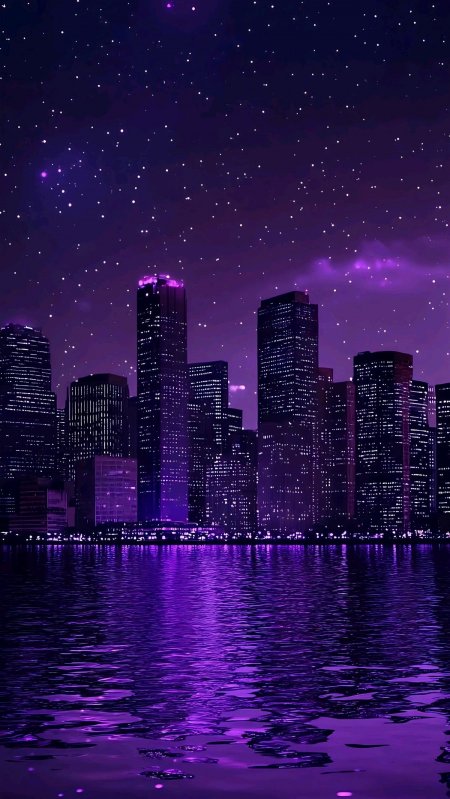 紫色星空下城市高楼倒影水面赛博朋克风景手机壁纸