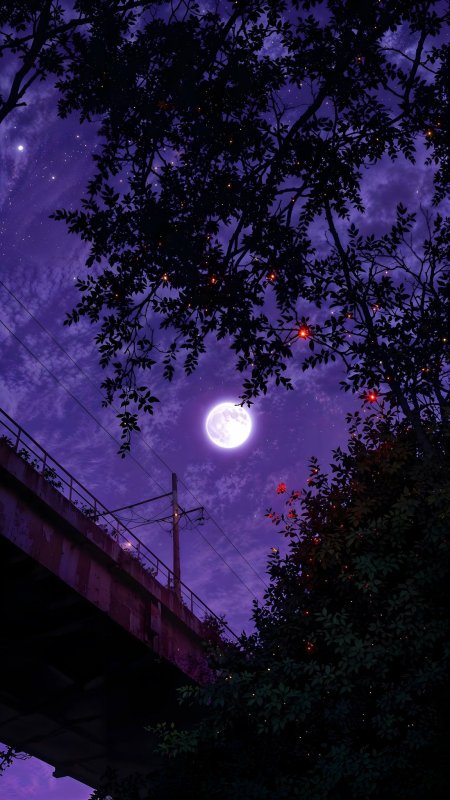 月光下桥梁树影紫色星空梦幻风景手机壁纸