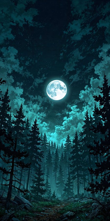 月光下青绿森林小径与云层奇幻风景手机壁纸