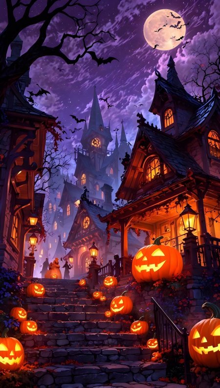 万圣节魔幻小镇南瓜灯古堡夜景动漫手机壁纸