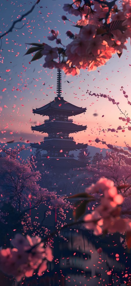 樱花飘落日式宝塔黄昏剪影唯美风景手机壁纸