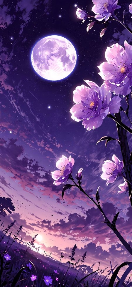 月光下紫色花朵田野星空梦幻风景手机壁纸