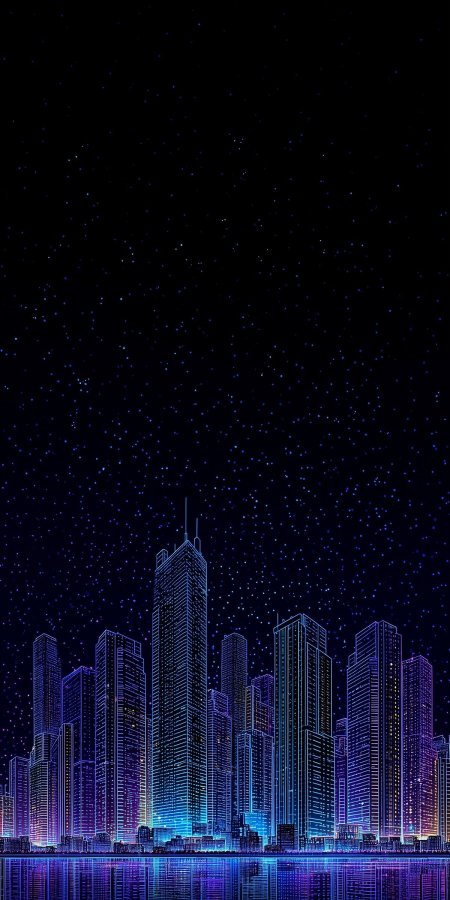 星空下霓虹城市天际线倒影赛博朋克风景手机壁纸
