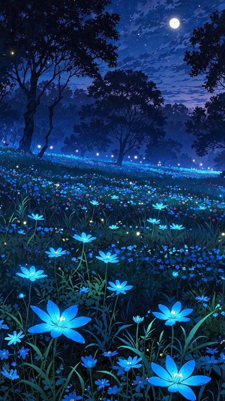 月光下蓝色荧光花海森林夜景动漫风景手机壁纸