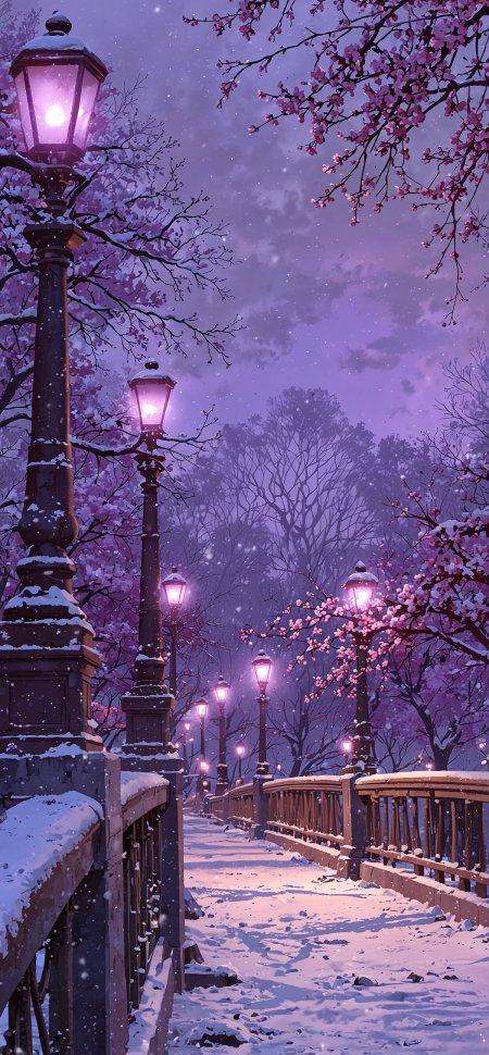 雪夜樱花树下灯光照亮桥梁唯美动漫风景手机壁纸