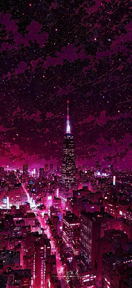 粉色霓虹都市夜景与星空交织赛博朋克风景手机壁纸
