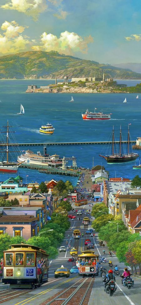 旧金山渔人码头复古缆车海滨风情风景插画手机壁纸