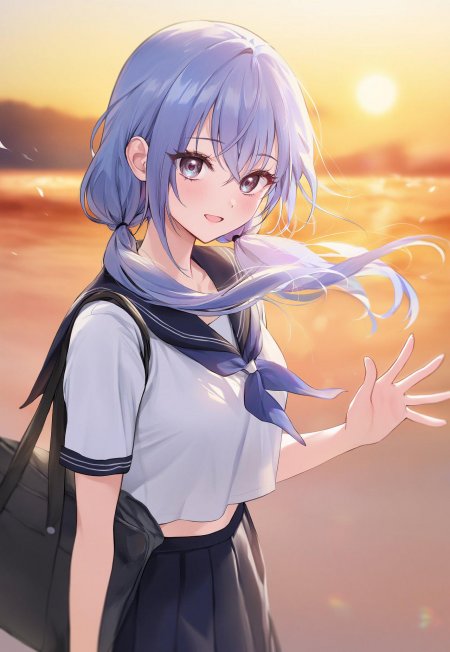 蓝色双马尾水手服少女海边日落场景动漫手机壁纸