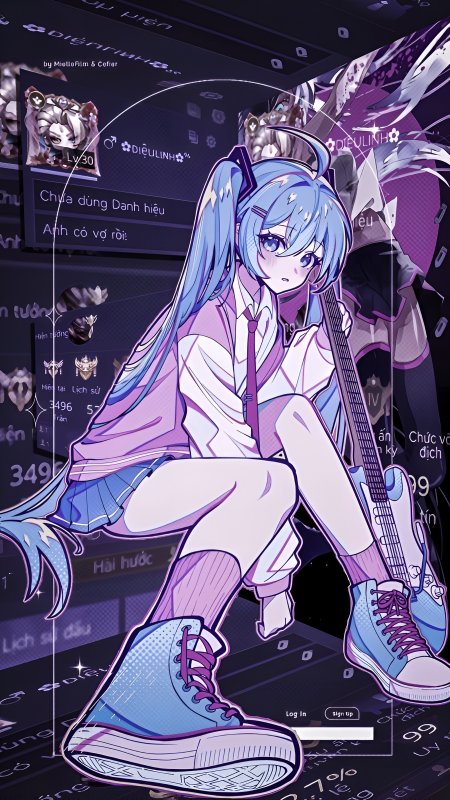 初音未来蓝发双马尾少女抱吉他坐姿动漫手机壁纸