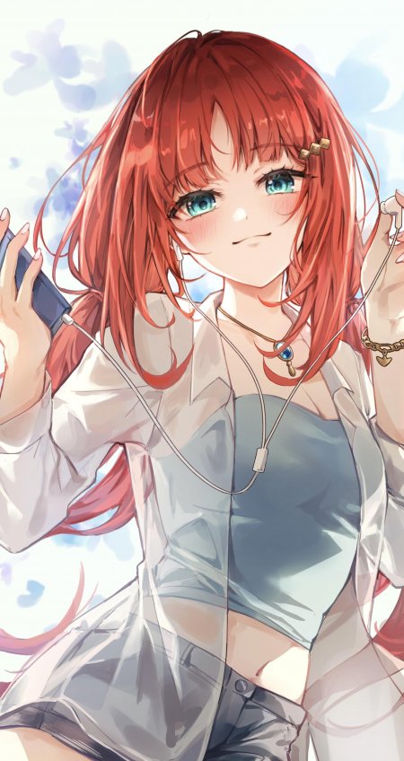 红发蓝眼少女戴耳机手持手机微笑动漫手机壁纸