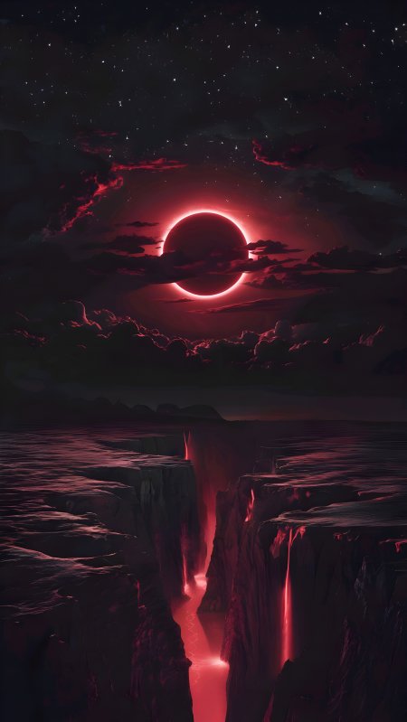 血色日蚀下红色峡谷河流末世科幻风景手机壁纸