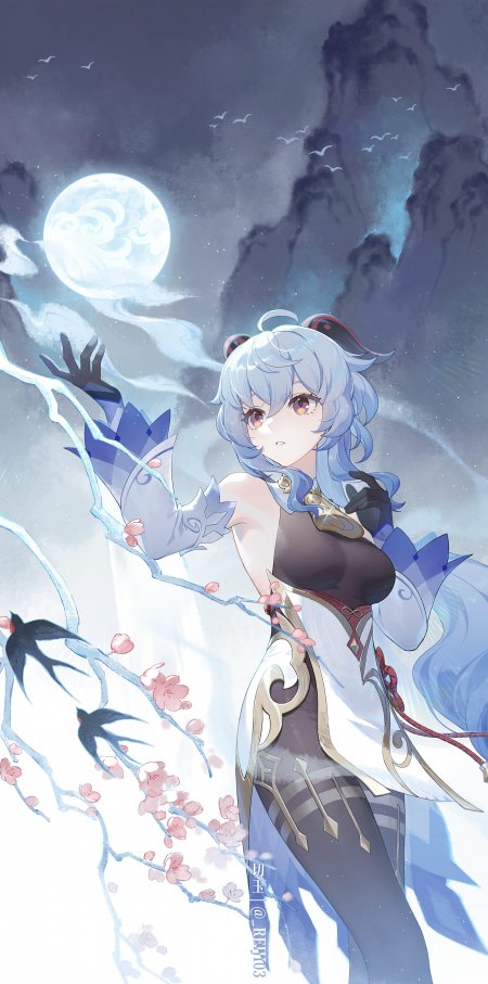原神甘雨蓝发白衣樱花月下优雅动漫手机壁纸