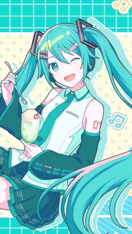 初音未来手持奶昔眨眼少女动漫手机壁纸