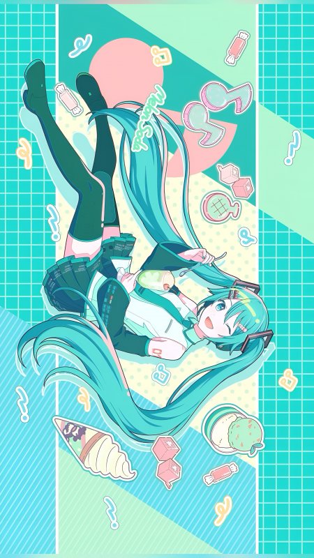 初音未来躺姿糖果背景少女动漫手机壁纸