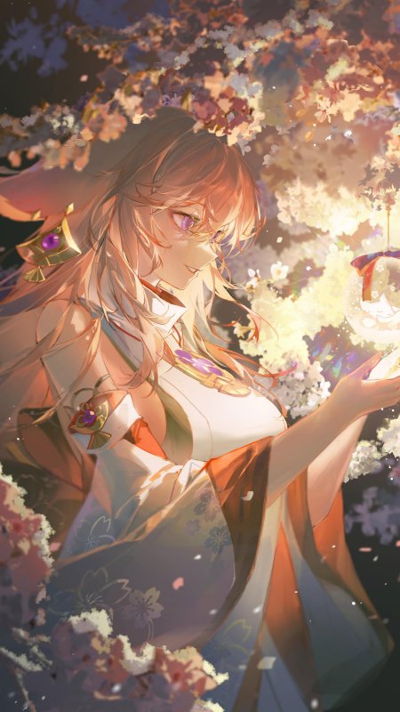 原神八重神子橙发和服樱花树下温柔动漫手机壁纸