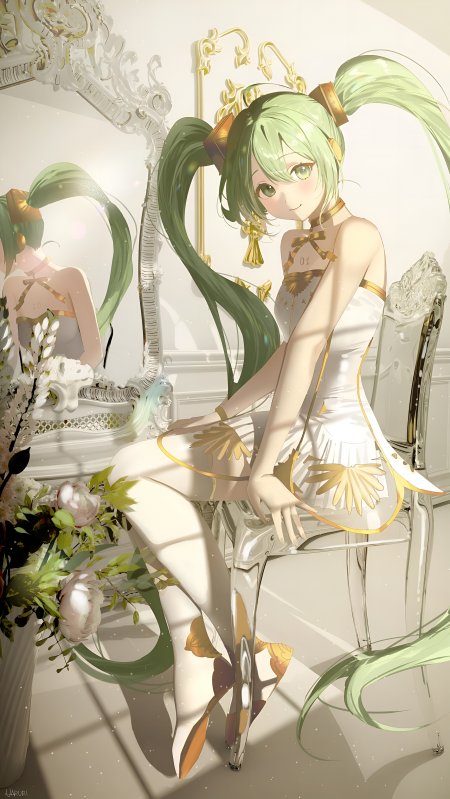 初音未来绿色双马尾白裙少女动漫手机壁纸