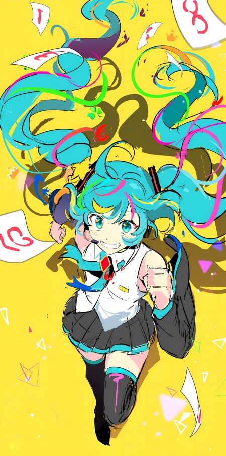 初音未来黄色背景彩色涂鸦少女动漫手机壁纸
