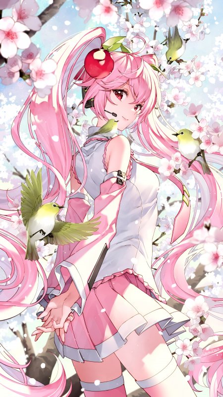 初音未来樱花树下粉发少女动漫手机壁纸