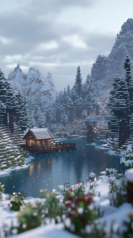 我的世界雪景湖畔木屋像素风景游戏手机壁纸